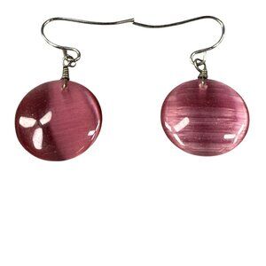 Pink Cats Eye Drop Earrings With Silver Tone Hooks Pierced Women Jewelry